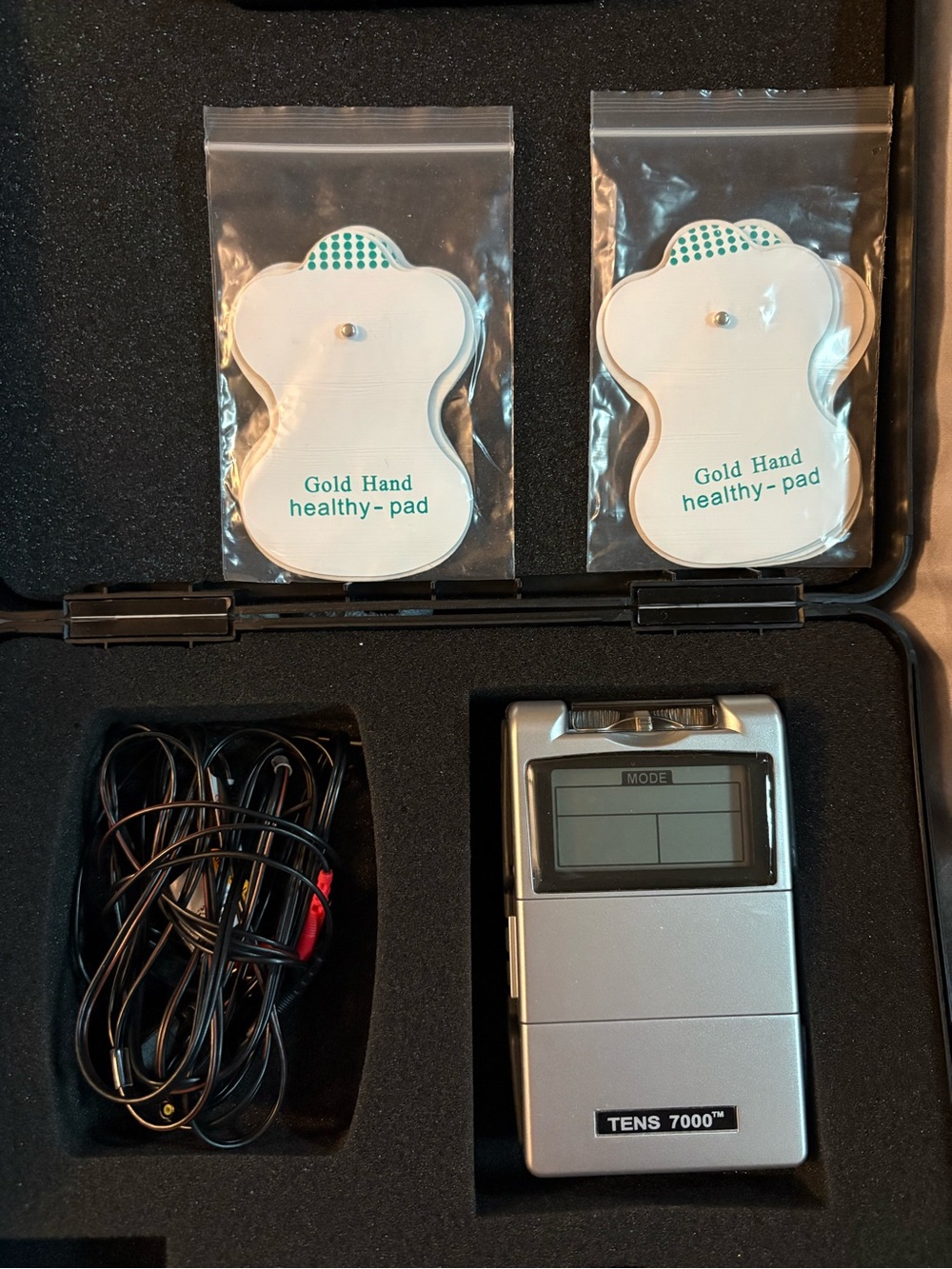 TENS 7000 Portable TENS Unit with Gold Hand Healthy-Pad Electrodes
